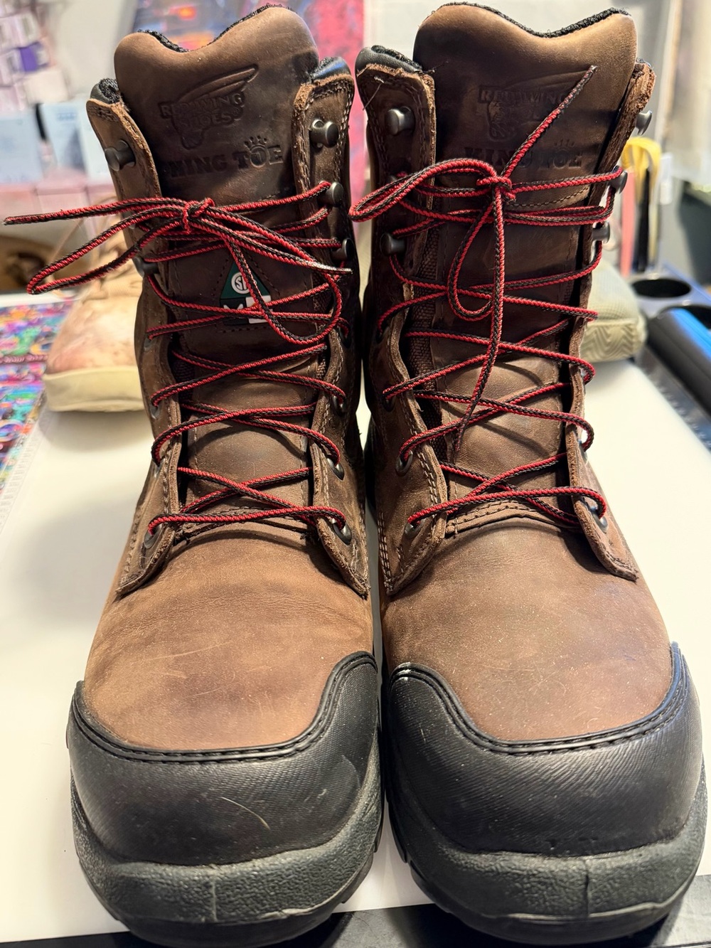 Red Wing Shoes Brown Leather Work Boots with Red Laces